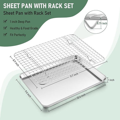 Homikit Quarter Sheet Pan with Wire Rack Set (2 Baking Sheets+2 Racks), Stainless Steel Baking Tray with Grid Cooling Rack for Toaster Oven Roasting, Metal Bacon Cookie Jelly Roll Pan, 12" x 10" Inch