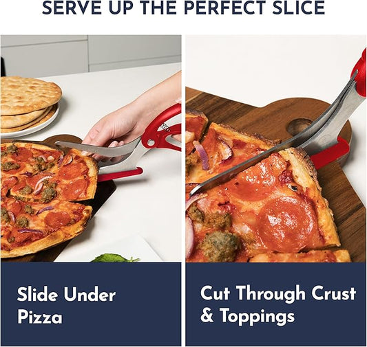 Red Pizza Scissors - Non-Stick Pizza Scissors with Firm Grip Base - Food Grade Stainless Steel Pizza Cutter - 5-in-1 Food Slicer & Pizza Server - Durable, Safe & Mess Free