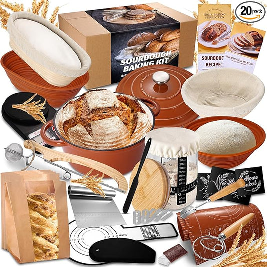 EWFEN Sourdough Starter Kit with Enamel Cast Iron Pot, Complete Sourdough Bread Baking Supplies, Round & Oval Bread Proofing Basket with 34 Oz Starter Jar, Bread Making Tools Kit