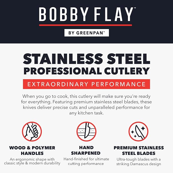 GreenPan x Bobby Flay 3 Piece Knife Set, Pairing Utility & Chef’s Knife, Premium Stainless Steel Blades, Precision Cutting Kitchen Tools, Hand Finished Ergonomic Wood Handle, Damascus Steel Design