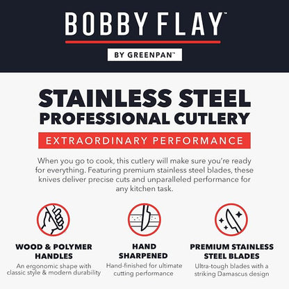 GreenPan x Bobby Flay 3 Piece Knife Set, Pairing Utility & Chef’s Knife, Premium Stainless Steel Blades, Precision Cutting Kitchen Tools, Hand Finished Ergonomic Wood Handle, Damascus Steel Design