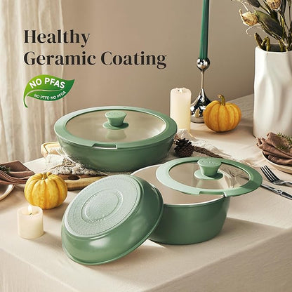 Redchef Ceramic Cookware Set, Removable Handle Pots and Pans Non-Stick, Rv Cookware Set, Non-Toxic Pots and Pans Set No PFAS, PTFE, PFOA, Detachable Pots and Pans, Dishwasher & Oven Safe (Green)
