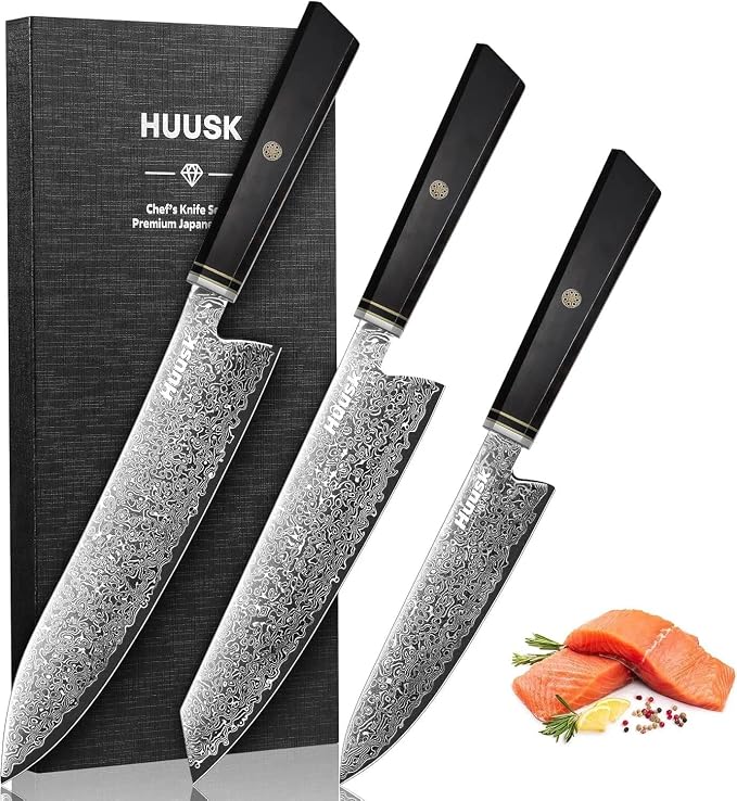 Huusk Damascus Chef Knife Set - 3 PCS Kitchen Knives Professional, Razor Sharp 67 Layers Damascus Japanese Knife Set for Kitchen with Wood Handle, Ideal Christmas Gifts for Men Women