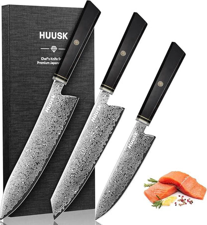 Huusk Damascus Chef Knife Set - 3 PCS Kitchen Knives Professional, Razor Sharp 67 Layers Damascus Japanese Knife Set for Kitchen with Wood Handle, Ideal Christmas Gifts for Men Women