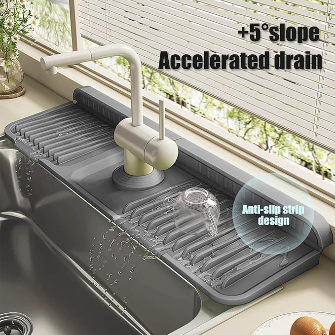 STARGAZ Silicone Faucet Mat for Kitchen Sink,Faucet Draining Mat,Sink Back Splash Guard,Kitchen Rubber Mat,Bathroom Sink Faucet Mat,Soap Dish,Silicone Sink Protector(Grey, 24”×5.5”)