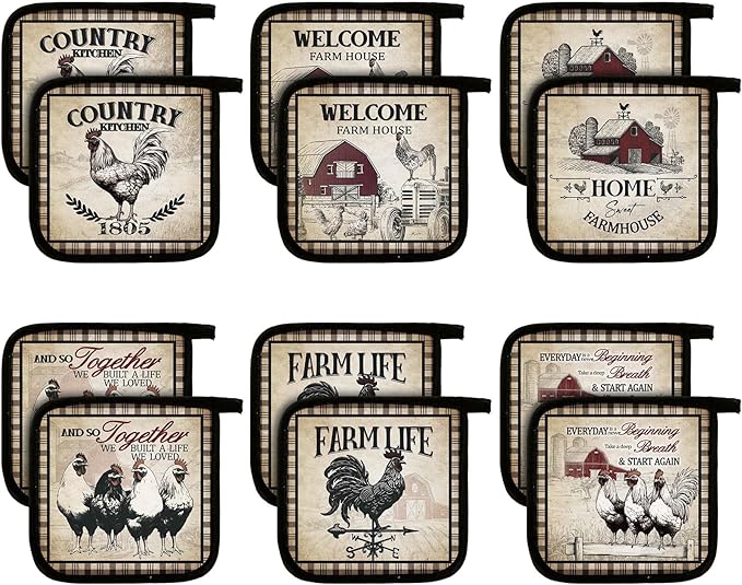 Bencailor 12 Pcs Pot Holders with Pocket Kitchen Hot Potholders Hot Pad Oven Mitts Cookie Bag Oven Gloves for Kitchen Gift Baking Cooking(Brown,Farmhouse Rooster)