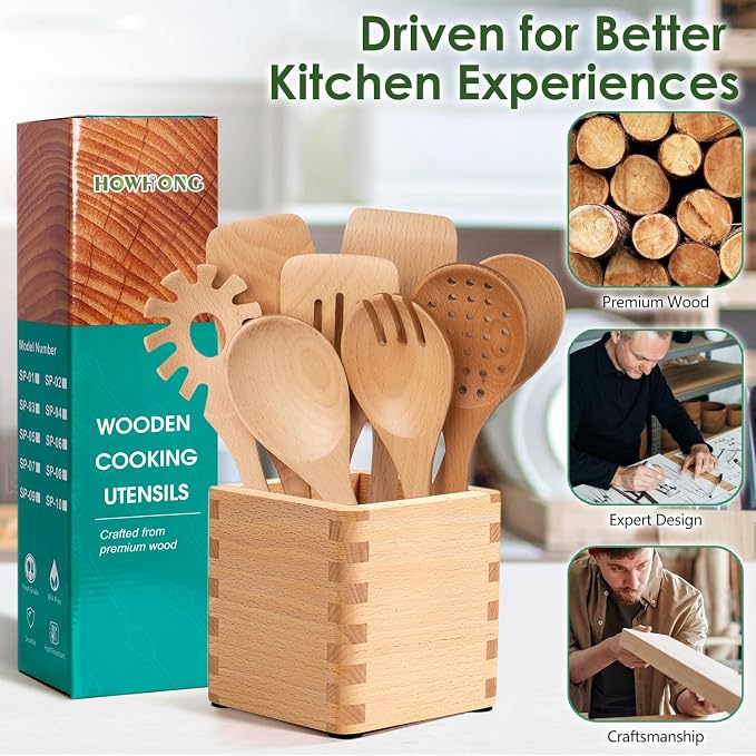 HOWHONG Wooden Spoons for Cooking, Beech Wood Kitchen Utensil Set, Premium Handmade Wooden Cooking Utensils for Nonstick Cookware, Heat Resistant, Smooth Finish, Comfortable Grip, 8 Piece