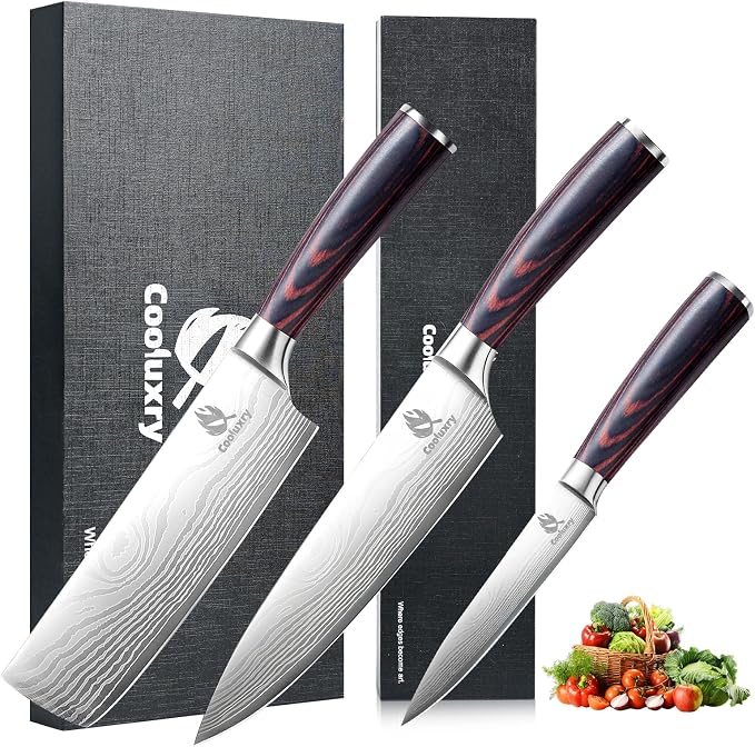 Kitchen Knife Set, 3 Piece Professional Chef Knife Set, High Carbon Stainless Steel Ultra Sharp Blade & Wooden Handle (3 Pcs)