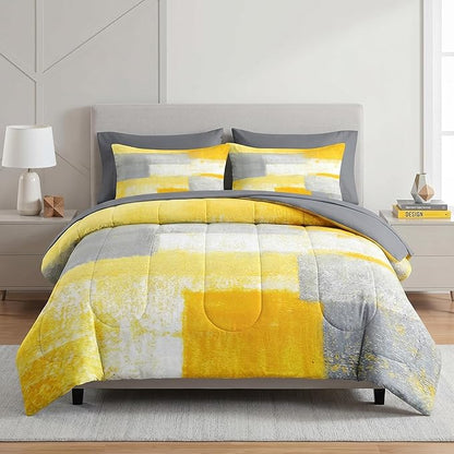 Pamnest Comforter Set Queen Size, Grey Yellow Painting Gray 7 Pcs Bedding for Kids and Adults, Office Contemporary Abstract Bed Sheet Sets with Fitted Sheet 2 Pillowcase & 2 Sham for Bedroom Bed Decor