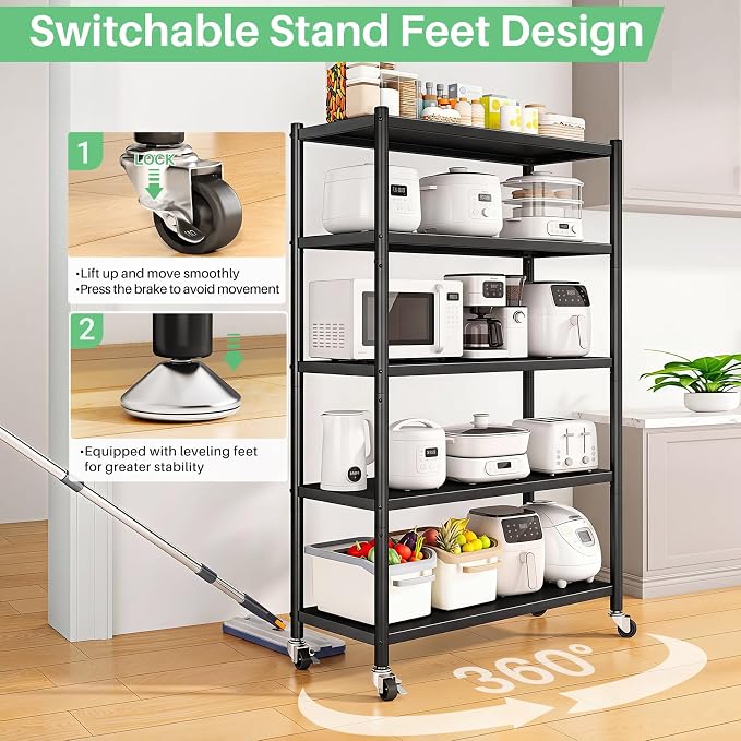 PXRACK Metal Shelving for Storage, 5 Tier Adjustable Kitchen Storage Shelves with Wheels, Shelving Unit Bookshelf Utility Shelf Metal Storage Rack for Garage Pantry Closet Laundry, 35.8"x13"x59.65"