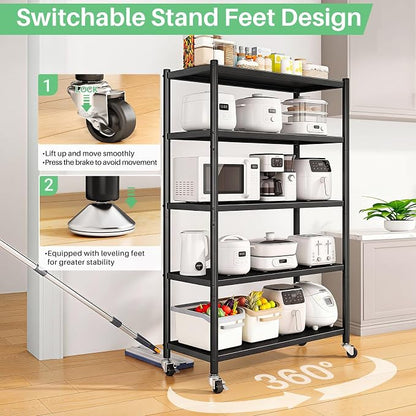 PXRACK Metal Shelving for Storage, 5 Tier Adjustable Kitchen Storage Shelves with Wheels, Shelving Unit Bookshelf Utility Shelf Metal Storage Rack for Garage Pantry Closet Laundry, 35.8"x13"x59.65"