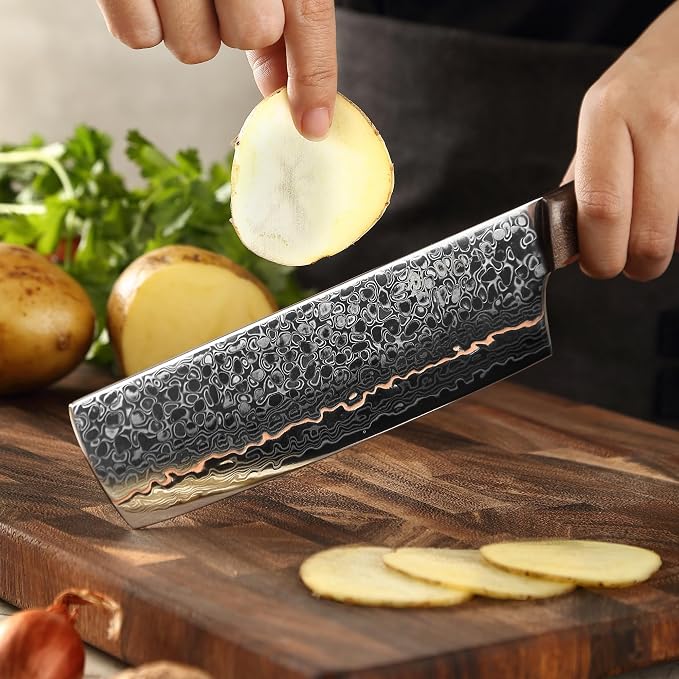 Wakoli Kawa Nakiri Knife, 7.1-Inch Blade Damascus Chef Knife | 67-Layer Damascus Steel with VG10 Core | Copper Inlay | Maple Stabilized Wood Handle | Professional Kitchen Knife
