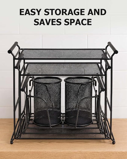 HULISEN 3-Tier Buffet Caddy, 7-Piece Set Stackable Paper Plate and Utensil Holder for Party, Detachable Mesh Silverware Organizer for Countertop, Metal Serving Station for Hosting Party Essentials