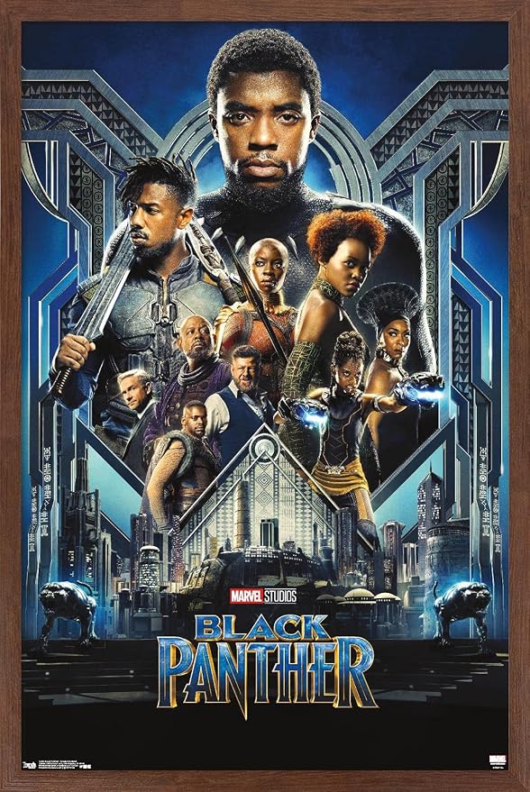 Trends International Marvel Cinematic Universe - Black Panther - Group One Sheet Wall Poster, 14.725" x 22.375", Mahogany Framed Version