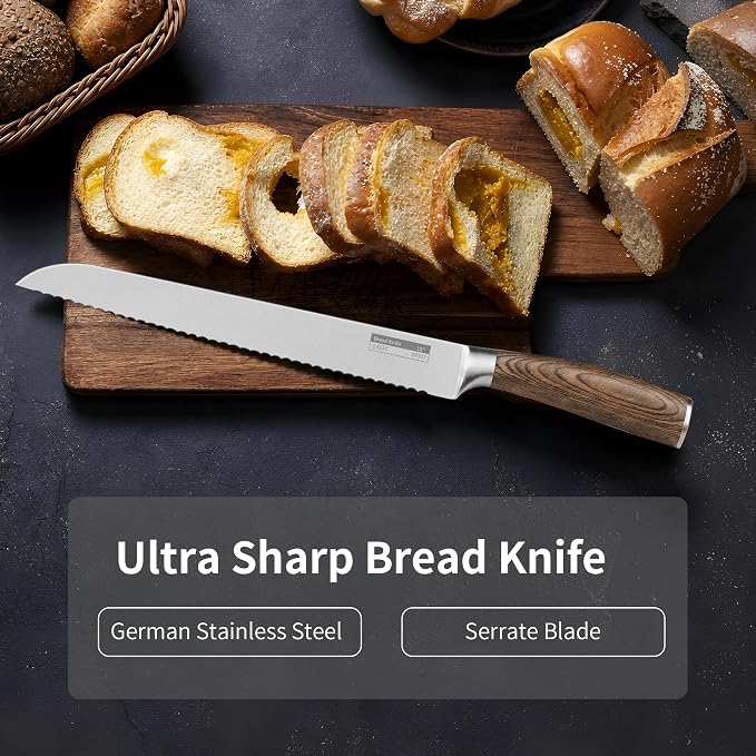 ZHANG XIAO QUAN Serrated Bread Knife 10", German Stainless Steel Bread Knife, Sourdough Cutter for Slicing Homemade Bagels & Cake
