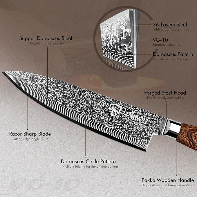 Damascus Chef's Knife 8 inch Professional Handmade Damascus Stainless Steel Kitchen Knife, Superb Edge Retention, Stain & Corrosion Resistant, Ergonomic PAKKA Wood Handle
