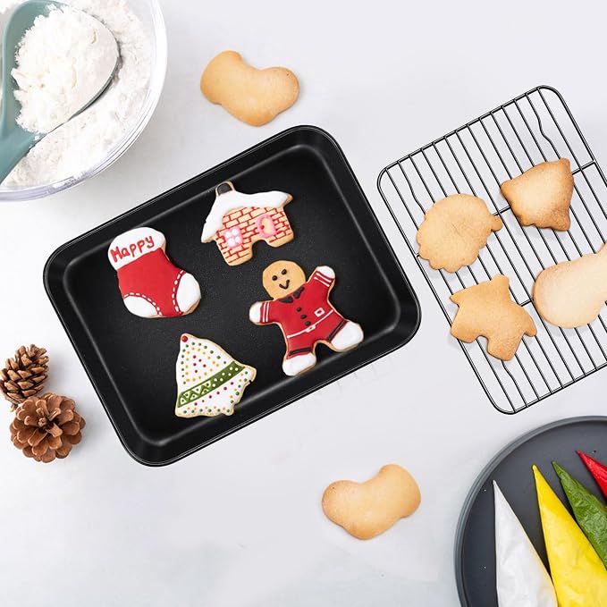 TeamFar Toaster Oven Pan with Rack Set, 9.25 x 7 x 1 Inch Carbon Steel Mini Baking Pan Tray with Cooling Rack for Roasting Cooling, Non-Toxic & Heavy Duty, Nonstick & Easy Clean