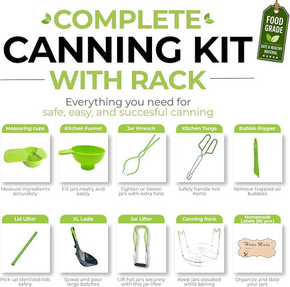Supa Ant Complete Canning Starter Kit – 10pc Food-Grade Steel Set with XL Ladle, 6 Measuring Cups, Jar Lifter, Wide Mouth Funnel, Canning Rack (7-Jar Capacity) & 90 Labels –Beginner-Friendly, Green