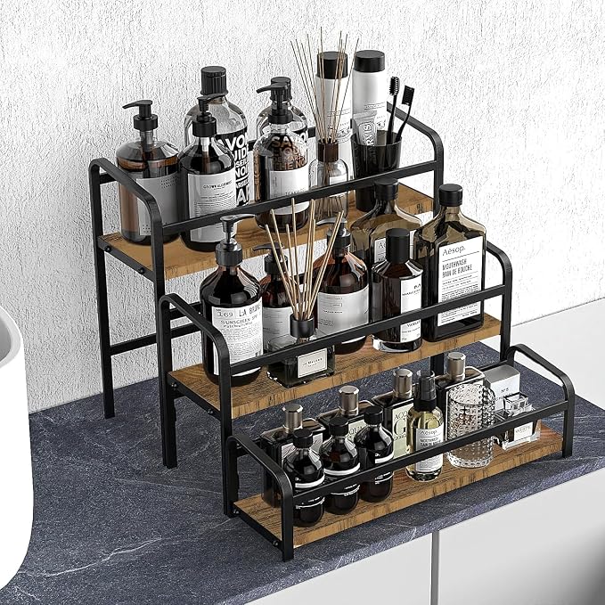DTUQYX Coffee Syrup Organizer 3-Tier: Vintage Coffee Syrup Rack 12 Bottles Capacity, Free-Installation Coffee Station, Wine Rack for Countertop, Tiered Spice Racks for Cabinet, Bottle Display Shelf