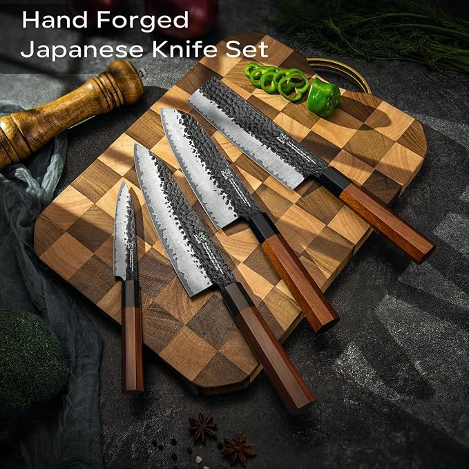 FAMCüTE Japanese Knife Block Set, Hand Forged 5-Layer 9CR18MOV Clad Steel Ultra Sharp Kitchen Knives with Wooden Storage & Rosewood Handle, Includes Chef, Santoku, Nakiri, Fruit Knife for Home Mom/Dad
