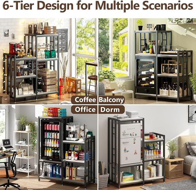 METYERRY6-Tier Adjustable Mini Fridge Cabinet With Power Outlet,Kitchen Bakers Rack With storage,Mini Fridge And Microwave Stand,Coffee Bar, Free Standing Shelf for Kitchen, Home Office,Balcony,Greige