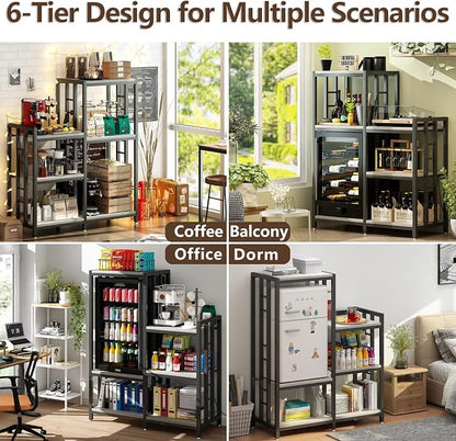 METYERRY6-Tier Adjustable Mini Fridge Cabinet With Power Outlet,Kitchen Bakers Rack With storage,Mini Fridge And Microwave Stand,Coffee Bar, Free Standing Shelf for Kitchen, Home Office,Balcony,Greige