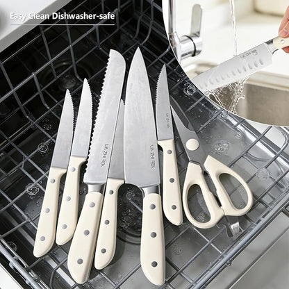 Kitchen Knife Set, 13 Pieces German Stainless Steel Knife Block Set for Chopping, Professional Chef Knife, Lightweight, Black Anti-slip Handle, Dishwasher Safe（white）