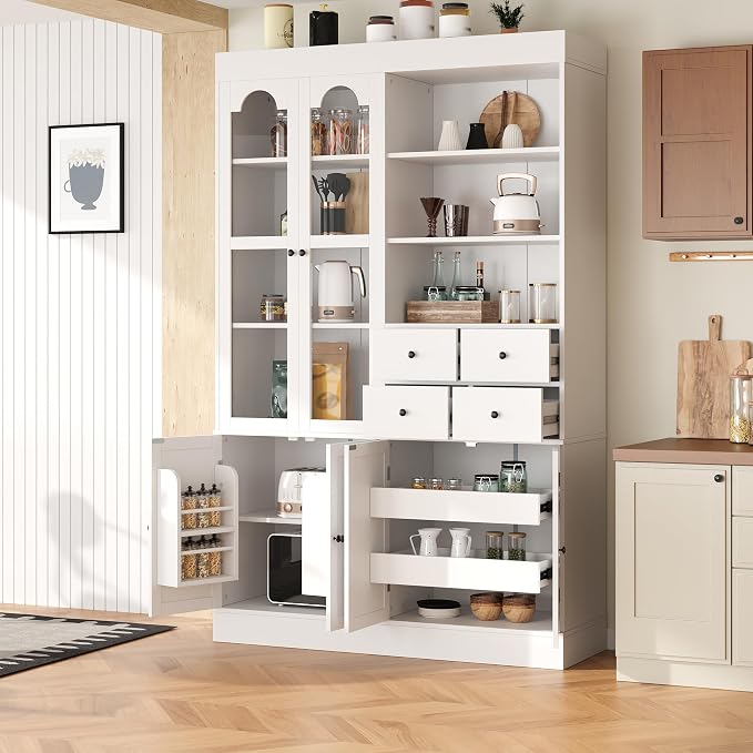 VilroCaz 75'' Tall Freestanding Kitchen Pantry Cabinet, Wood Large Cupboard Storage Buffet with Hutch, 4 Drawers, Door Shelves and Pull-Out Trays for Dining Room, Living Room (White-10.13)