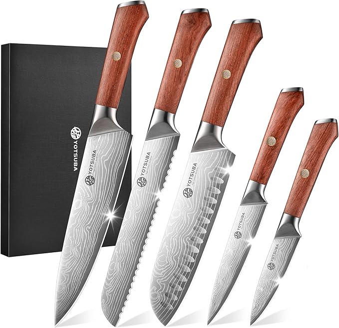 YOTSUBA 5 PCS Japanese Kitchen Knife Set with Ergonomic Natural Rosewood Handle, Razor Sharp High Carbon Stainless Steel Chef Knives, Premium Gift Box for Home Chefs