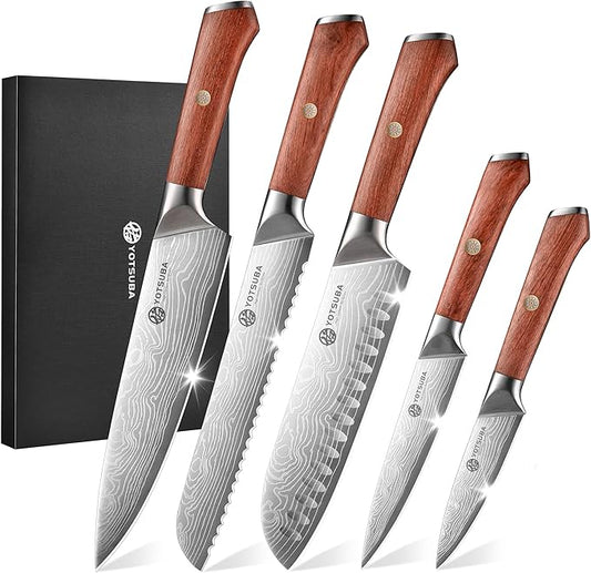 YOTSUBA 5 PCS Japanese Kitchen Knife Set with Ergonomic Natural Rosewood Handle, Razor Sharp High Carbon Stainless Steel Chef Knives, Premium Gift Box for Home Chefs