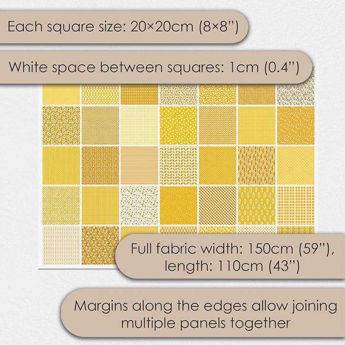 Cotton Satin Patchwork Fabric Panel – 35 Designs, 20×20 cm Squares, Single Piece 150×110 cm, Yellow Patchwork Quilt Fabric (Sunny Bloom Patchwork Set, 35pcs 8x8 inch)