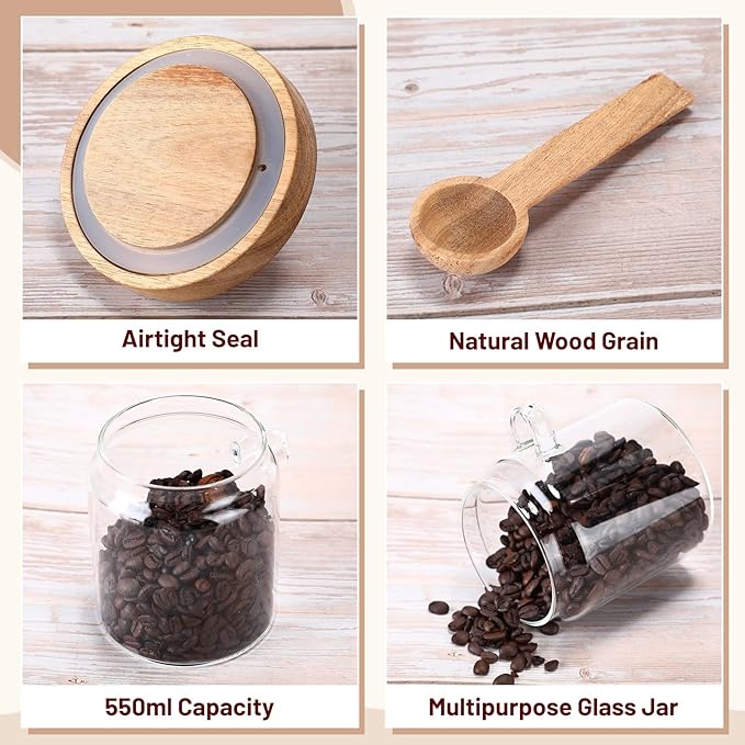 Remerry Set of 4 Glass Jar with Wooden Lid and Spoon, 13.5 oz Coffee Bean Tea Sugar Jar Set, Clear Airtight Spice Canisters Glass Food Storage Kitchen Containers for Coffee Bean Tea Sugar