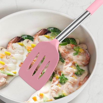 LIANYU Silicone Kitchen Utensils Set of 6, Cooking Utensils Spatula Set for Nonstick Cookware, Heat Resistant Kitchen Gadgets Tools, Stainless Steel Handle, Pink