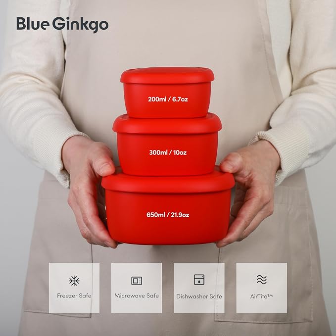 BLUE GINKGO Nesting Silicone Containers - Set of 3 Hard-Shell Silicone Food Storage Containers | BPA Free, Airtight, Dishwasher and Freezer Safe (6.7oz, 10oz, 20oz) - Red