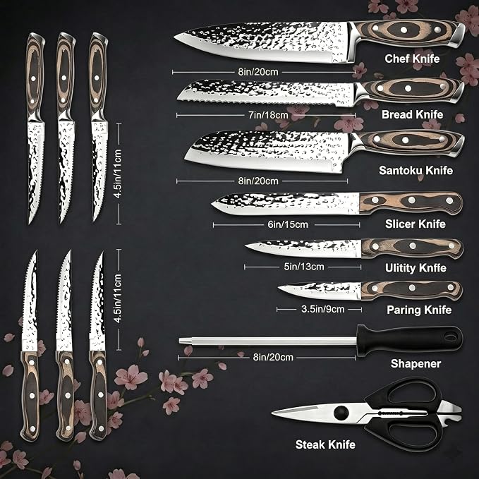Methway Knife Set, 15-Piece Kitchen Knife Set with Block, High Carbon Stainless Steel Japanese Knife Set, Sharp Hammered Finish, Full Tang, Ergonomic Wood Grain Handle, Dishwasher Safe, Gray