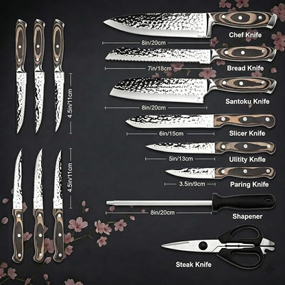 Methway Knife Set, 15-Piece Kitchen Knife Set with Block, High Carbon Stainless Steel Japanese Knife Set, Sharp Hammered Finish, Full Tang, Ergonomic Wood Grain Handle, Dishwasher Safe, Gray