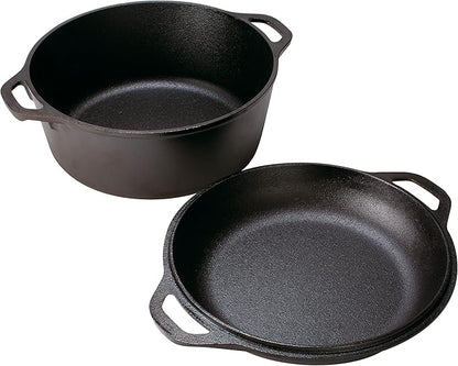 Lodge Cast Iron Double Dutch Oven 5 Quart - Pre-Seasoned 2-in-1 Cast Iron Cookware - Pot & Skillet Combo - Even Heat Retention - Oven-Safe, Versatile Pot