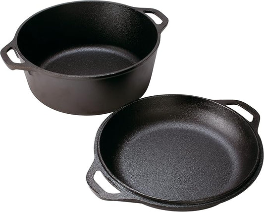 Lodge Cast Iron Double Dutch Oven 5 Quart - Pre-Seasoned 2-in-1 Cast Iron Cookware - Pot & Skillet Combo - Even Heat Retention - Oven-Safe, Versatile Pot