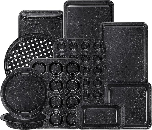 Terlulu 10-Piece Baking Pans Set, Bakeware Sets Nonstick, Baking Set for Oven Cooking, Stackable Carbon Steel Set Include Cookie Sheets, Muffin Pan, Cake Pan, Pizza Pan, Loaf Pan, Roasting Pan, Black
