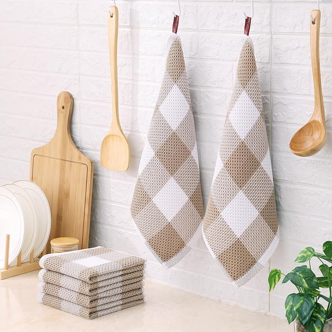 Homaxy 100% Cotton Waffle Weave Check Plaid Dish Cloths, 12 x 12 Inches, Super Soft and Absorbent Dish Towels Quick Drying Dish Rags, 6-Pack, White & Khaki