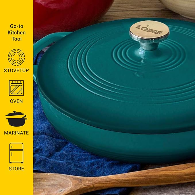 Lodge Essential Enamel Braiser 3.5 Quart - Refrigerator- & Oven-Safe up to 500° F - Heat-Retaining, Induction-Safe & PFAS-Free Enamel Cookware - Lagoon
