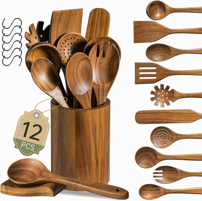 Wooden Utensil Set 12 PCS - Natural Non-Toxic Acacia Wooden Spoons for Cooking, Nonstick, Sturdy, Easy to Clean, Wood Kitchen Utensils Set with Holder, Spoon Rest & 6 Hooks, Ideal for Gifting