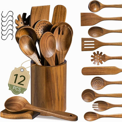 Wooden Utensil Set 12 PCS - Natural Non-Toxic Acacia Wooden Spoons for Cooking, Nonstick, Sturdy, Easy to Clean, Wood Kitchen Utensils Set with Holder, Spoon Rest & 6 Hooks, Ideal for Gifting