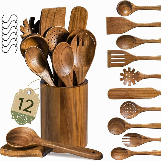 Wooden Utensil Set 12 PCS - Natural Non-Toxic Acacia Wooden Spoons for Cooking, Nonstick, Sturdy, Easy to Clean, Wood Kitchen Utensils Set with Holder, Spoon Rest & 6 Hooks, Ideal for Gifting
