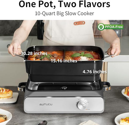 Slow Cooker 10 Quarts (2 x 5 Quarts) PFOA-Free Ceramic Coating | Adjustable Temp Oven Safe to 450°F | Keep Warm Function for Large Family Gatherings (Includes Silicone Spoon)