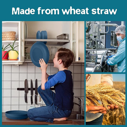 Teivio 32-Piece Kitchen Plastic Wheat Straw Dinnerware Set, Service for 8, Dinner Plates, Dessert Plate, Cereal Bowls, Cups, Unbreakable Colorful Plastic Outdoor Camping Dishes, Autumn Blue