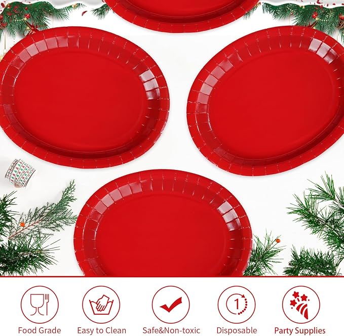 100Pcs Red Oval Paper Plates 10"x12" Large Heavy Duty Red Party Plates Disposable Patriotic Platters for 4th of July Independence Day World Cup Holiday BBQ Picnic Wedding Birthday Party Decor Supplies