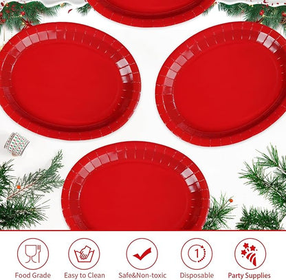 100Pcs Red Oval Paper Plates 10"x12" Large Heavy Duty Red Party Plates Disposable Patriotic Platters for 4th of July Independence Day World Cup Holiday BBQ Picnic Wedding Birthday Party Decor Supplies