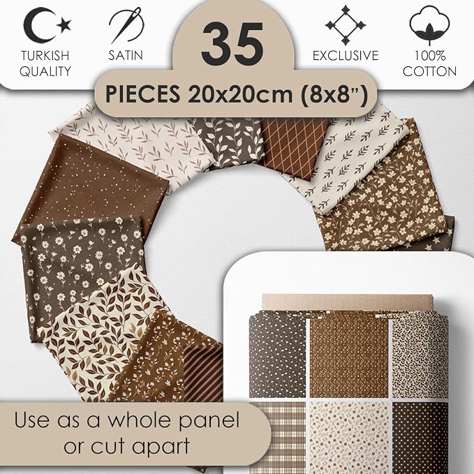 Cotton Satin Patchwork Fabric Panel – 35 Designs, 20×20 cm Squares, Single Piece 150×110 cm, Brown Patchwork Quilt Fabric (Autumn Brown Patchwork Set, 35pcs 8x8 inch)