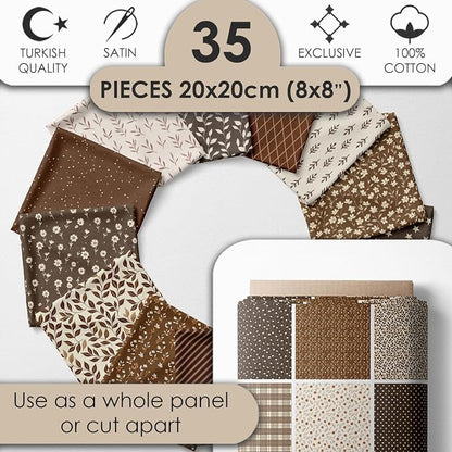Cotton Satin Patchwork Fabric Panel – 35 Designs, 20×20 cm Squares, Single Piece 150×110 cm, Brown Patchwork Quilt Fabric (Autumn Brown Patchwork Set, 35pcs 8x8 inch)